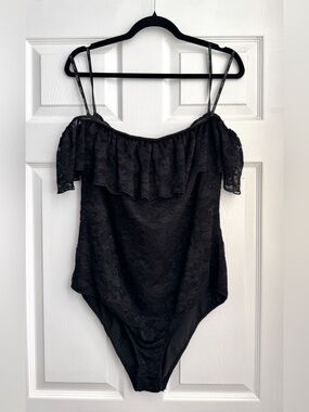 City Chic Black Lace Off-Shoulder Ruffle Bodysuit, Size 16